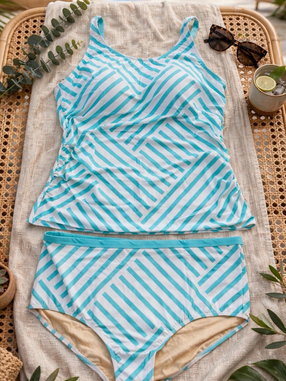 Striped Aqua & White Tankini One-Piece Set